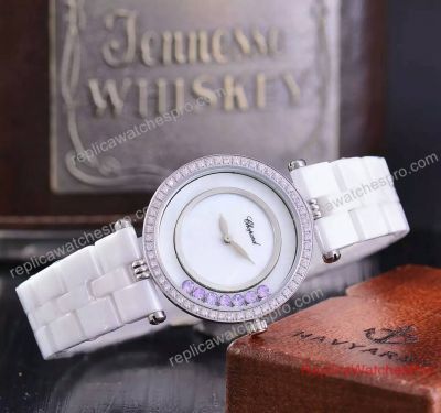 Replica Chopard Happy Sports White Leather Diamond Bezel Ladies Watch